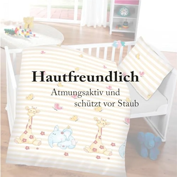 Bestlivings Kinder Bettwäsche 2-TLG (100x135cm / 40x60cm) Set - 100% Baumwolle, Motiv Elefant & Giraffe, Babybettwäsche in Weiß – Bild 4