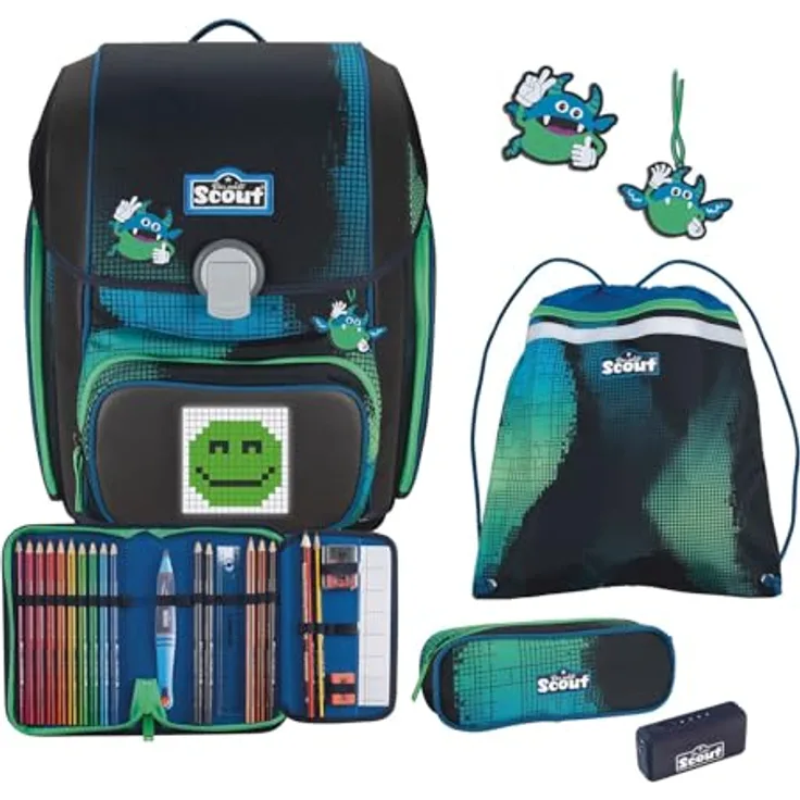 SCOUT Movie Star Genius Set, 5-teilig Schulranzen mit Bluetooth Pixel-Pad, Blau
