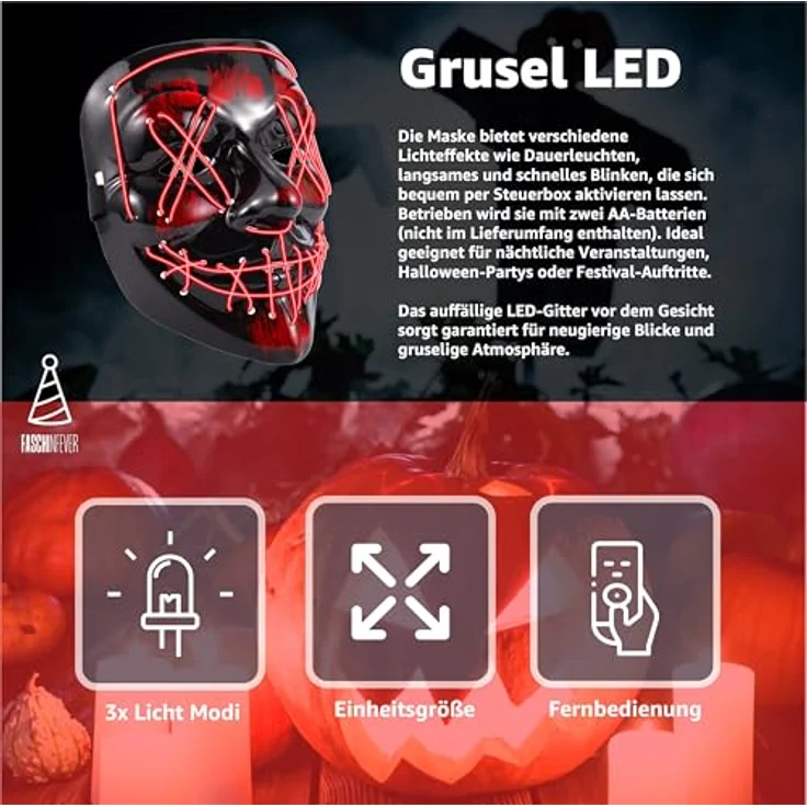 FASCHINFEVER LED Purge Maske - steuerbare Kostümmaske mit leuchtenden LEDs für Halloween, Fasching & Karneval - Unisex, rot – Bild 2