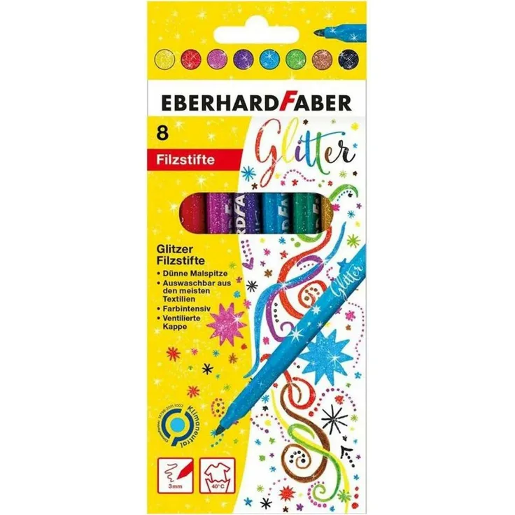 Eberhard Faber Filzstift Fasermaler Glitzer 8er-Sc. EFA Wasserbasis-auswaschbar, Glitzernde Farben, 3mm Linienbreite, 8er-Set, Gelb, Rot, Rosa, Lila, Hellblau, Grün, Braun, Schwarz