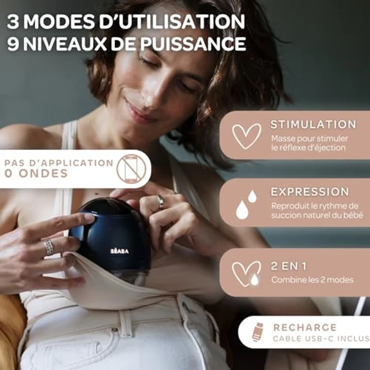 BÉABA Elektrische freihändige Milchpumpe, 3 Modi, 9 Stufen, Geräuschlos, Großes Fassungsvermögen 180mL, USB C Ladegerät, Night blue – Bild 3