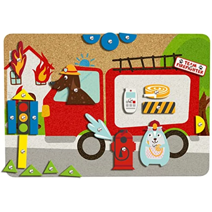 Lena 65836 - Hammerspiel Feuerwehr, Nagelspiel mit 38 farbigen Teilen & 16 Sonderteile, XXL Grundplatte aus Kork ca. 28 x 19,5 cm, Hammer und Nägel, Klopfspiel für Kinder ab 3 Jahre, Hämmerchenspiel – Bild 4