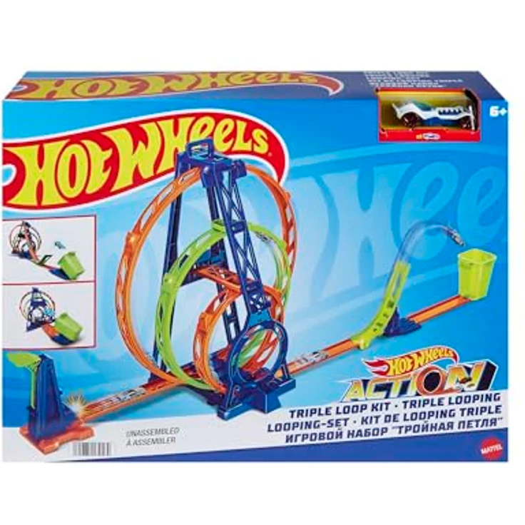 Hot Wheels Track mit 1 Hot Wheels Auto, Triple Looping-Set Track-Set, das Fahrzeug kann mit dem Starter zum Draufhauen durch 3 Loopings sausen, lässt sich mit anderen Sets verbinden - HMX38 – Bild 7