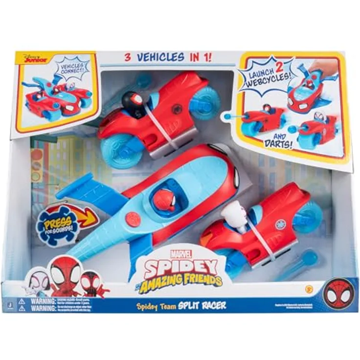 Spiderman Spidey 3-in-1 Fahrzeug Jet, Spielzeugauto mit 2 Motorrädern und Web Darts für actiongeladenen Spielspaß, ab 3 Jahren