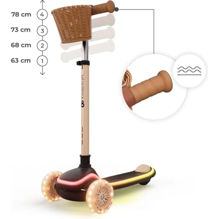 Kinderkraft RAKET UP 2-in-1 Scooter, mit Sitz, LED Trittbrett, RGB Rollen, klappbar, verstellbarer Lenker, für Kinder, Beige – Bild 5