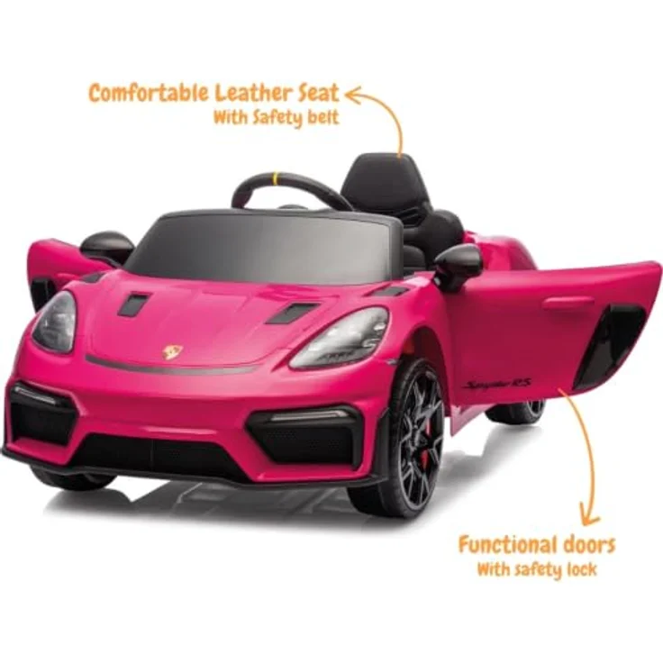 Vrooomy Kinder Elektroauto Porsche 718 Spyder RS, 12V mit Fernbedienung, rosa, für 1 bis 5 Jahre, MP3-Player, LED-Beleuchtung, Sicherheitsgurt – Bild 2