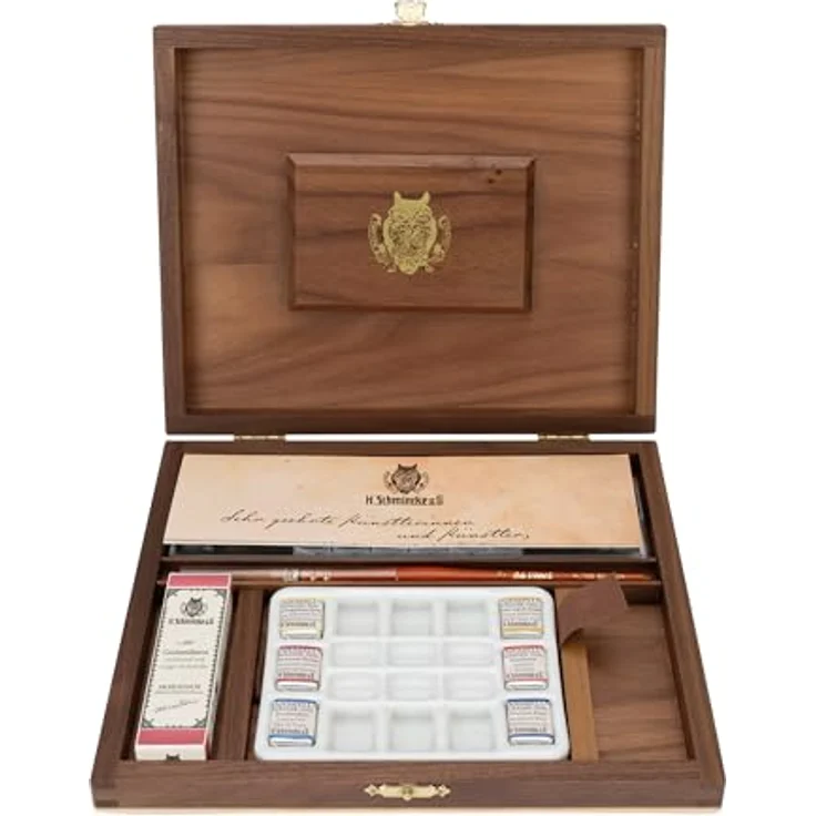 Schmincke HORADAM® AQUARELL Luxus-Holzkasten Retro Line, 19 Aquarellfarben inklusive Cochenillerot, Porzellanpalette, Pinsel – Bild 1