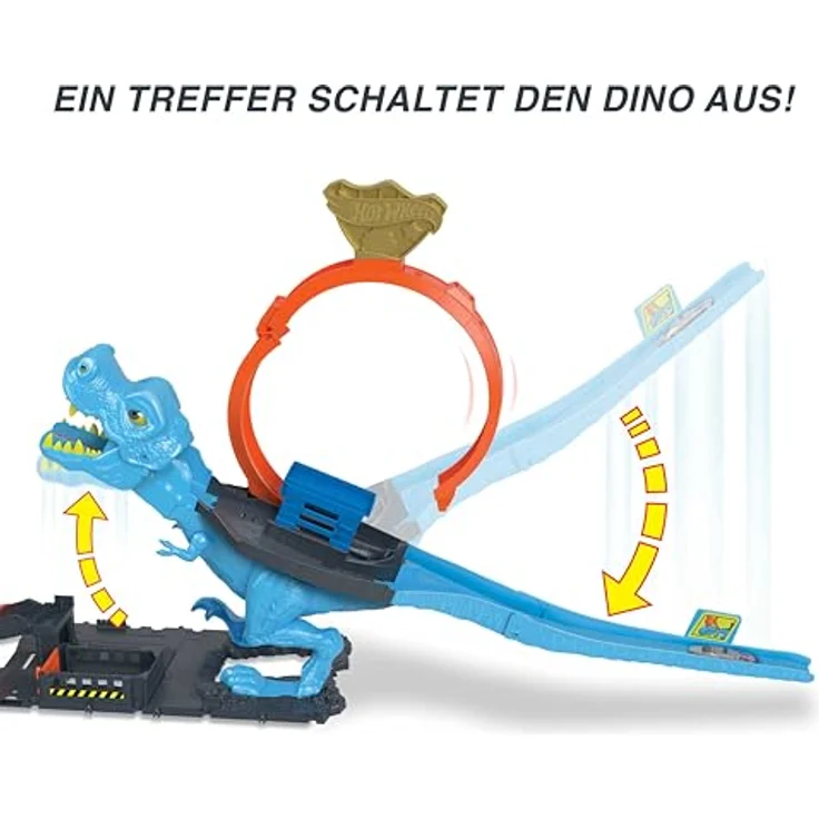 Hot Wheels HNP77 - HW City Trackset mit 1 Spielzeugauto, Riesenlooping, großer besiegbarer Dinosaurier, Stunt- und Renn-Spielset mit T-Rex-Looping-Stunt, Spielzeug Autos ab 4 Jahren – Bild 6