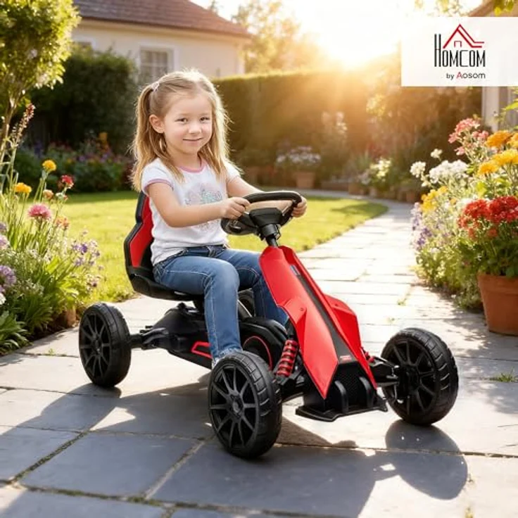 HOMCOM Go-Kart Kinderfahrzeug mit verstellbarem Sitz, Tretauto, Outdoor, für Kinder, Rot, Handbremse, 4-fach verstellbarer Sitz, EVA-Räder – Bild 3