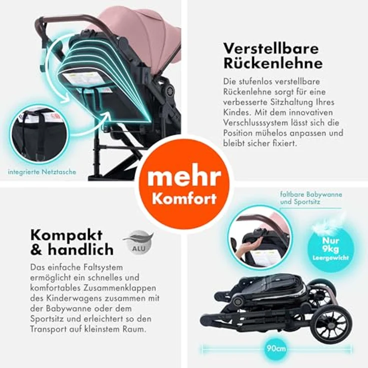 Daliya® NEOMOVE 2in1 Kombi-Kinderwagen | Buggy mit klappbarer Babywanne und Sportsitz | Leichter Alu-Rahmen, große pannensichere Räder, individuell einstellbare Rückenlehne | Großer Einkaufskorb (Schwarz-Rosa) – Bild 4