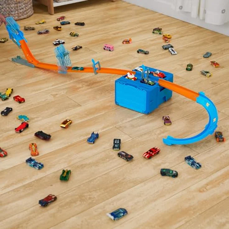 Hot Wheels Track Builder Air Drop Pack, modular mit blau-grauer Aufbewahrungsbox und Hot Wheels Auto, für kreative Streckenbau-Variationen – Bild 2