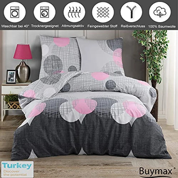 Buymax Bettwäsche 135x200 Baumwolle 2-Teilig Bettgarnitur mit Bettbezug und Kissenbezug 80x80 Renforce Gitter-Muster Kreise Netz Bettwäsche-Set, Antrazit-Grau Rosa – Bild 2