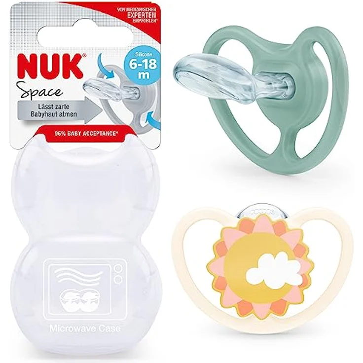 NUK Space Schnuller | Schnuller mit extra Belüftung | BPA-freies Silikon | 6-18 Monate | Zebra & Sonne | 2 Stück – Bild 1