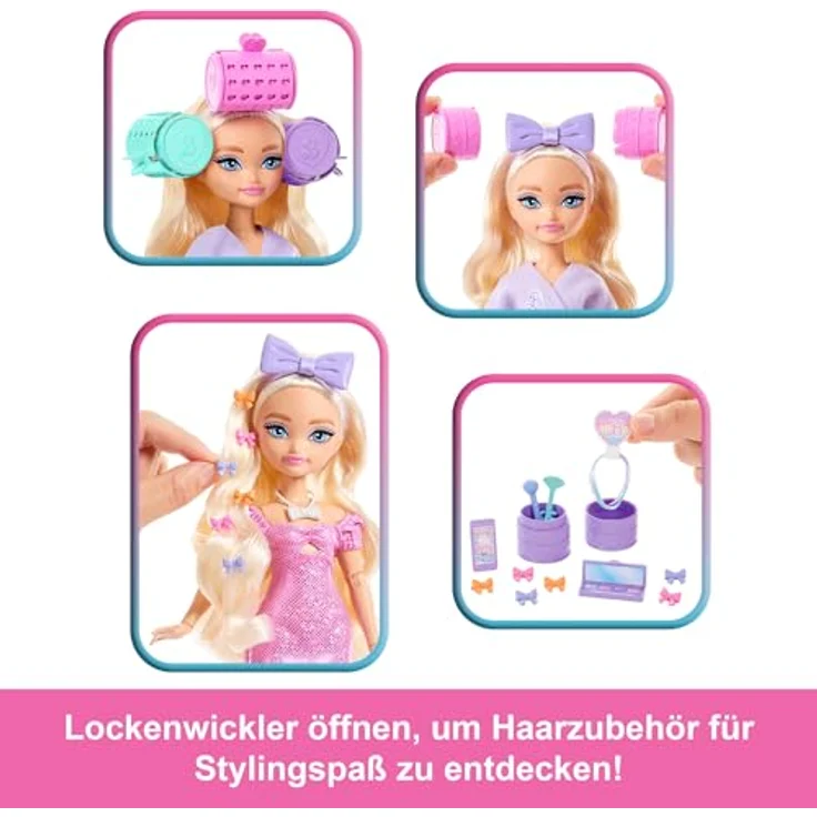 Barbie Dream Besties Anziehpuppe, "Get Ready With Me" Malibu, Haarspiel Puppe mit Bademantel und Make-up-Palette – Bild 3