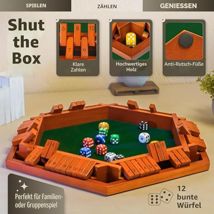 Queensell Shut the Box - Spielbrett aus Holz für 1–6 Spieler, 40 cm (16 Zoll) mit 12 Zahlen, rutschfesten Füßen und Filzpolsterung, ideal für den Spieleabend – Bild 2