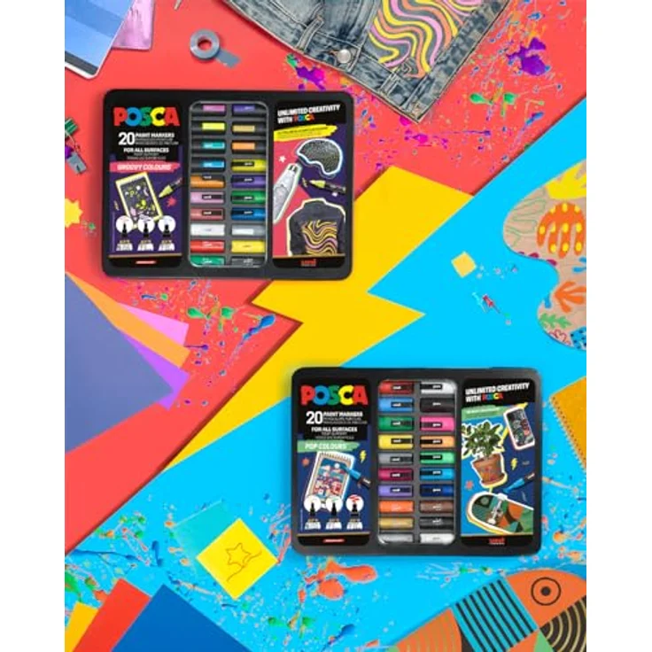 POSCA Uni-Ball 186832 Marker Set, 20 Acrylstifte Pop Colours mit PWE5M Spitze, Wasserfeste Farbmarker im Etui für verschiedene Oberflächen – Bild 4