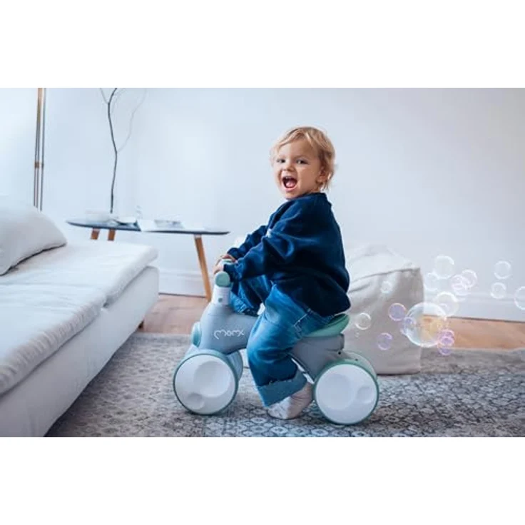 Momi Kinderlaufrad TOBIS für Kinder ab 2 Jahren, stabil mit Hupe, farbwechselnder Leuchte, pannensicheren Kunststoffrädern und Seifenblasen-Anlage, Grau – Bild 2