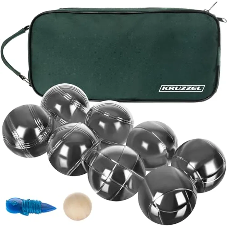KRUZZEL Boule Spielset mit 8 gravierten Metallkugeln, Holzkugel & Maßband im Transportkoffer – Outdoor Petanque Set für 1-6 Spieler, wetterfest für Garten, Park, Camping