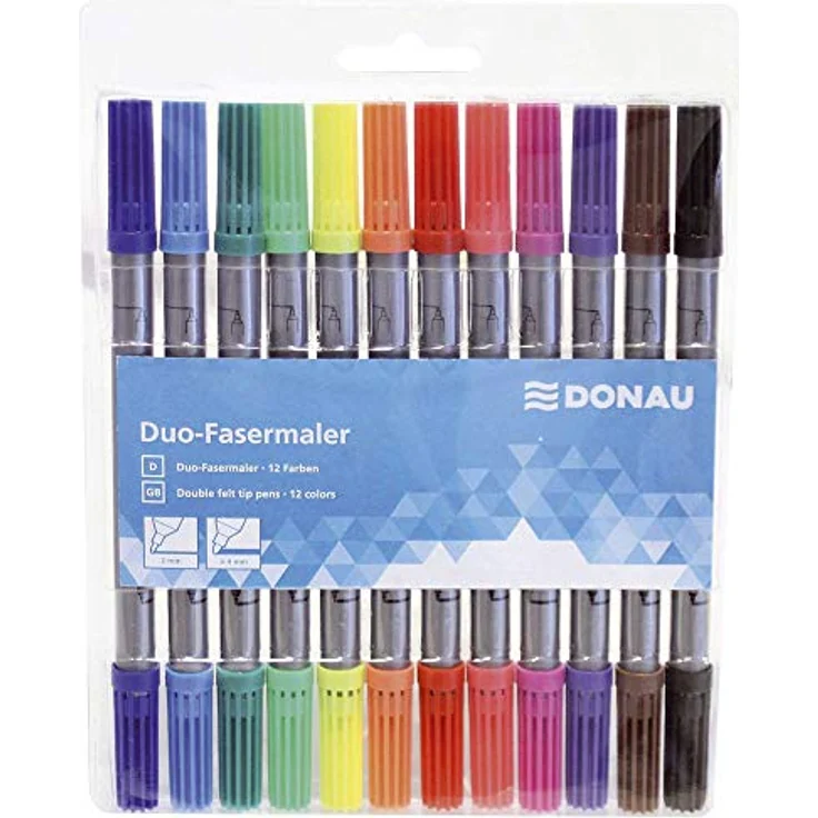 DONAU Filzstift DONAU Doppelfasermaler, 12er Etui - Vielseitiger Faserschreiber mit dicker und dünner Schreibspitze, Kunststoffetui, bunte Farben – Bild 2