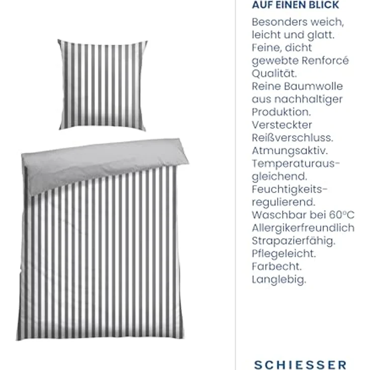 Schiesser Bettwäsche Renforcé Pure Elegance, Farbe: grau und weiß gestreift, Größe: 135 cm x 200 cm – Bild 4