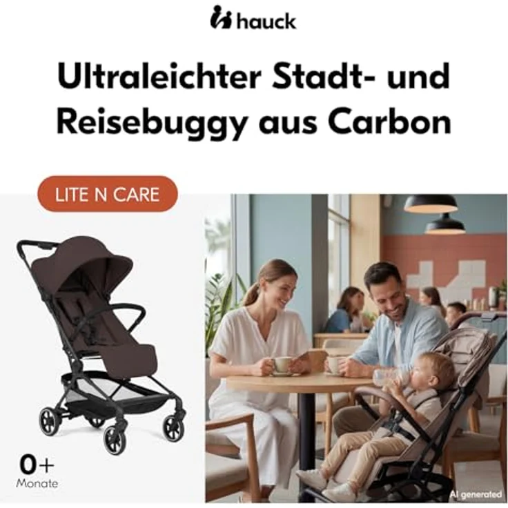 hauck Lite N Care, Ultraleichter Carbon City- & Reisebuggy, IATA-konform, Klein Faltbar mit Tragegurt, Liegefunktion ab Geburt bis 22 kg, UPF 50+, XL Netzfenster, Pannensicher - Choco – Bild 2