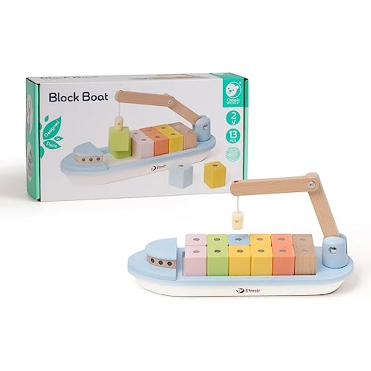 Classic World Magnetspiel Frachtschiff, 13-teiliges Holzspielzeug mit 12 farbigen Blöcken, 28,5x9x15cm, ab 2 Jahre – Bild 6