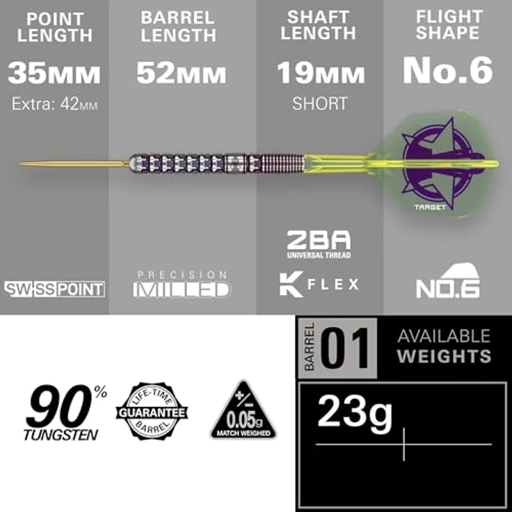 Target Darts Luke Littler World Champion Steeldarts, 90% Tungsten Dart-Set, 23G | The Nuke 2025 K-Flex, Gelb mit lila Grafik, inklusive Schlüsselring und Swiss Tool – Bild 3