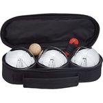 Relaxdays Boule Set, 3 Metall Kugeln mit Zielkugel, Abstandsmesser und Tragetasche, Silber/Schwarz, für Outdoor-Spiele
