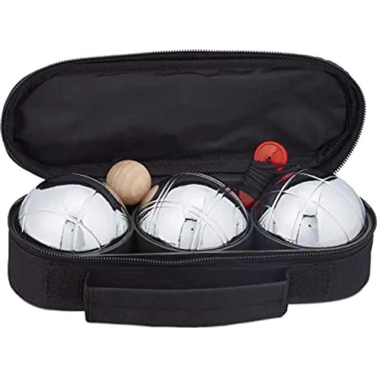 Relaxdays Boule Set, 3 Metall Kugeln mit Zielkugel, Abstandsmesser und Tragetasche, Silber/Schwarz, für Outdoor-Spiele – Bild 1