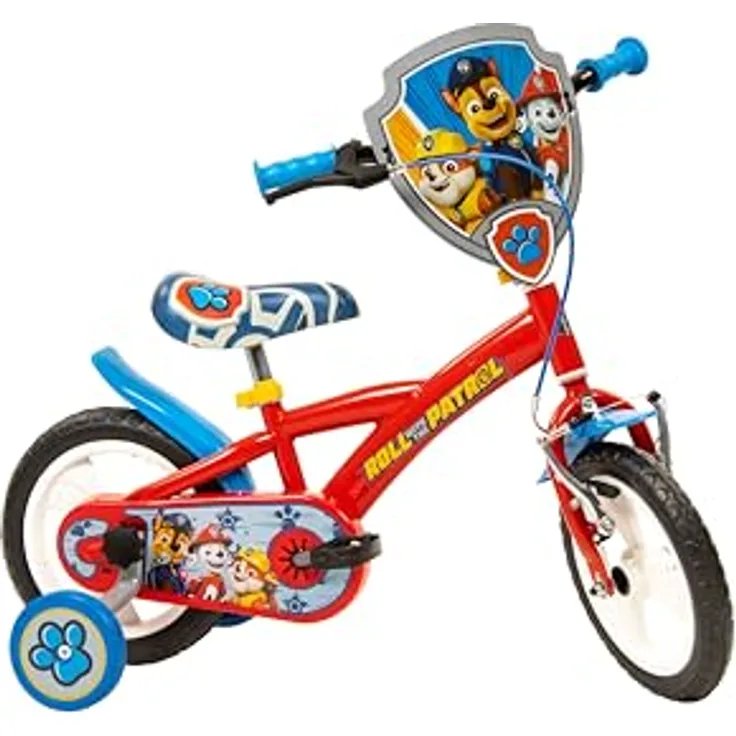 Toimsa Kindervelo 12 Zoll, Kinderfahrrad mit Paw Patrol Design, Metallrahmen, verstellbarem Sitz und Lenker, mit Stützrädern und 2 Felgenbremsen