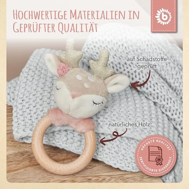 Bieco Plüschgreifling Reh mit Rassel 14 x 9 cm beige/ rosa – Bild 6