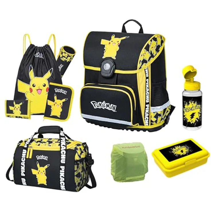 Familando Pokémon Schulranzen Set, ergonomisch mit Pikachu Motiv, 990 g leicht, 18 L Volumen, inkl. Dose, Flasche und Sporttasche, wasserdichter Boden, für die 1. Klasse