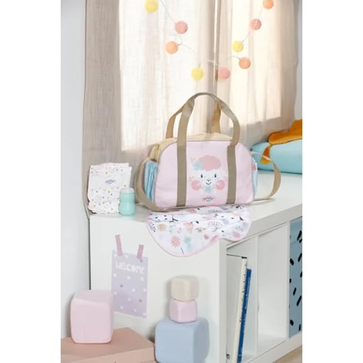 BABY born Wickeltasche, Puppenwickeltasche mit Blumen, inkl. Wickelunterlage, Windel und Puderdose, sanfte Pastellfarben, viel Stauraum – Bild 2