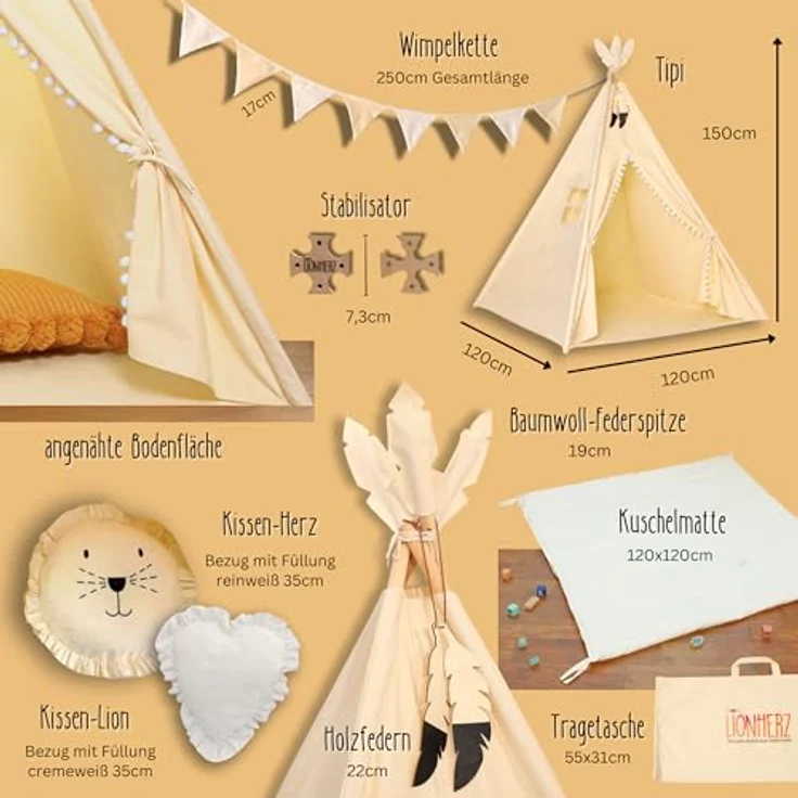 LIONHERZ® DAS ORIGINAL Tipi Zelt für Kinder, 100% Baumwolle, inkl. Matte, Stabilisator, Wimpelkette & 2 Kissen, stabil und vielseitig, ideal für Indoor und Outdoor Spielen – Bild 4