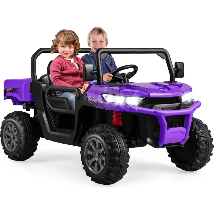 KOMFOTTEU Kinder Elektroauto, 2-Sitzer mit Kippbett, Schaufel, Fernbedienung, Musik und Scheinwerfer, 12V, Lila