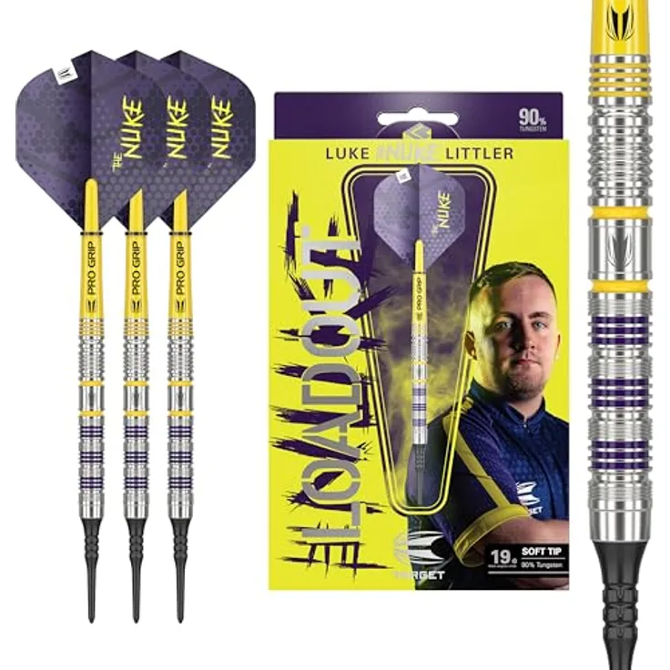 Target Darts Luke Littler Loadout Soft Tip Darts, 90% Tungsten, 19G, mit schwarzen Pixelspitzen, Pro Grip Schäften und Pro Ultra Nr. 2 Flügen, violett-gelb
