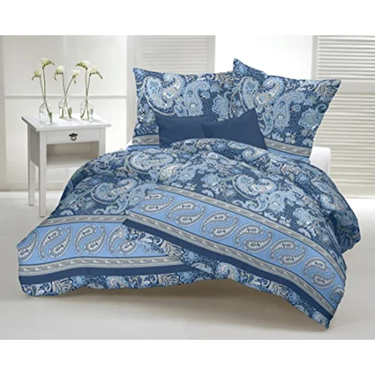 CASATEX Satin Bettwäsche SENTTA Reine Baumwolle, hautfreundlich Bettwäsche-Set Paisley Bordüre modernes Landhaus absolut hip 135 cm x 200 cm blau – Bild 3