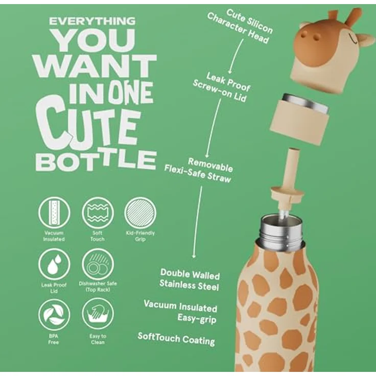 ASOBU Bestie Kindertrinkflasche mit Giraffenkopf, isolierte Edelstahlflasche 420ml, auslaufsicher & BPA-frei, spülmaschinenfest – Bild 3