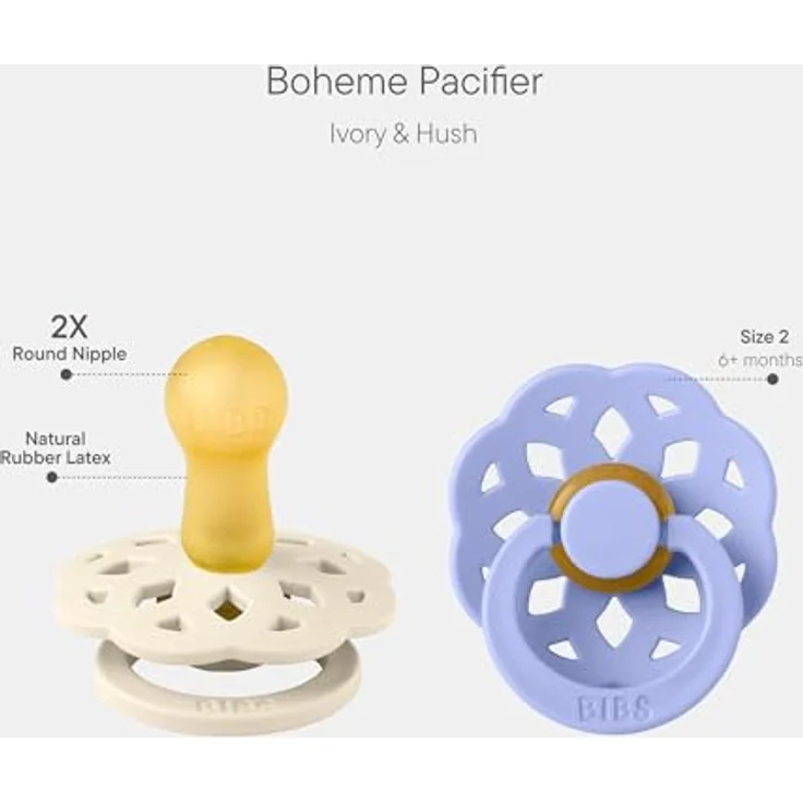BIBS Boheme Schnuller 2er-Pack, BPA-frei, Kirschform Nippel aus Naturkautschuk, Größe 2 (6-18 Monate), Ivory/Hush – Bild 2