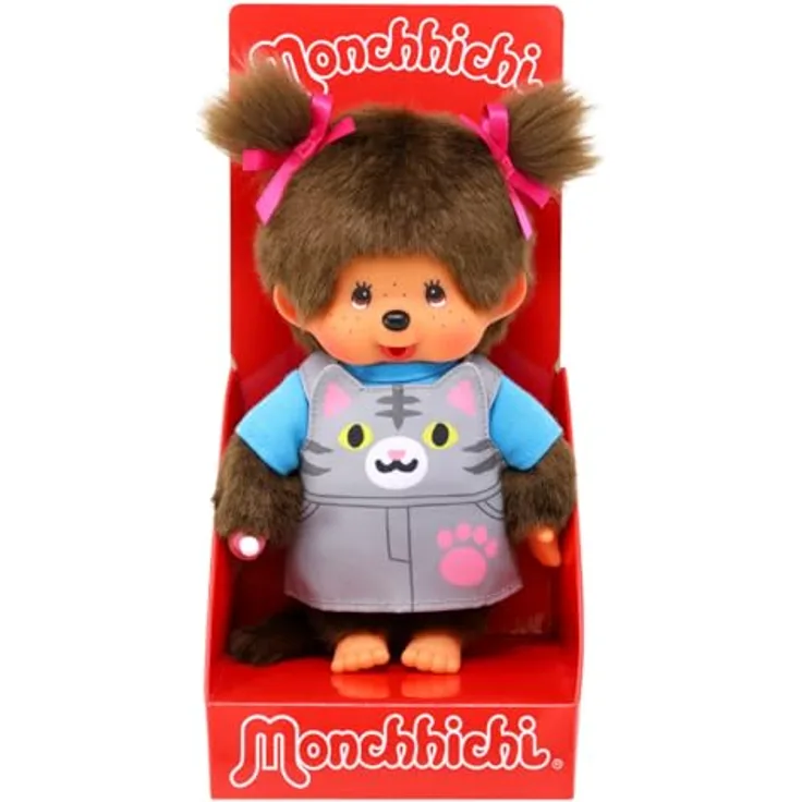Monchhichi Mädchen im Katzen-Kleid mit Zöpfen, 20 cm Plüschfigur aus weichem Fell
