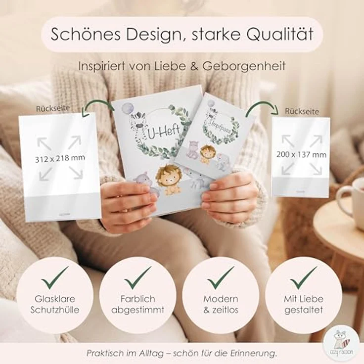 Cozy Racoon U-Heft- und Impfpasshülle ohne Personalisierung| 3- teiliges Set |Hochwertige Hülle für Untersuchungsheft und Impfpass Deines Kindes | Süße Tiere – Bild 6