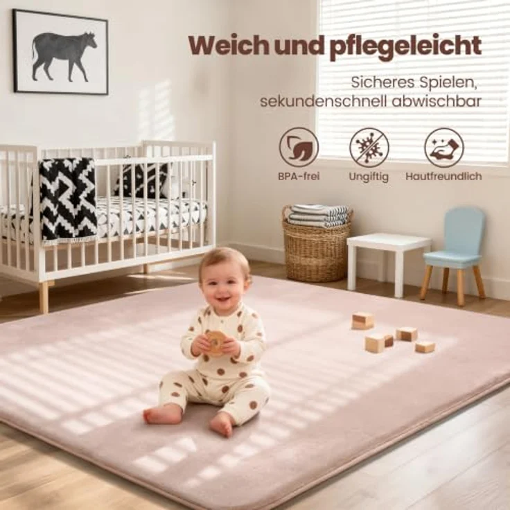 Tuocal Krabbelmatte Baby Spielmatte 150x180x3cm, extra dicke Memory-Schaum, rutschfeste Unterseite, Rosa – Bild 4