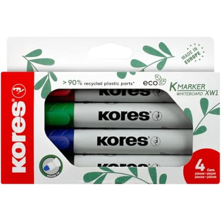 KORES Whiteboard Marker XW1 M20724, 4er Set in rot, blau, grün und schwarz, 3 mm Strichstärke, schnelltrocknend und abwischbar – Bild 1