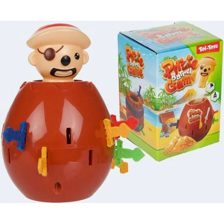 BREIMEIR Piekse den Pirat Reisespiel MBS, Brettspiel mit Piratenkopf, Fass und 16 Schwertern