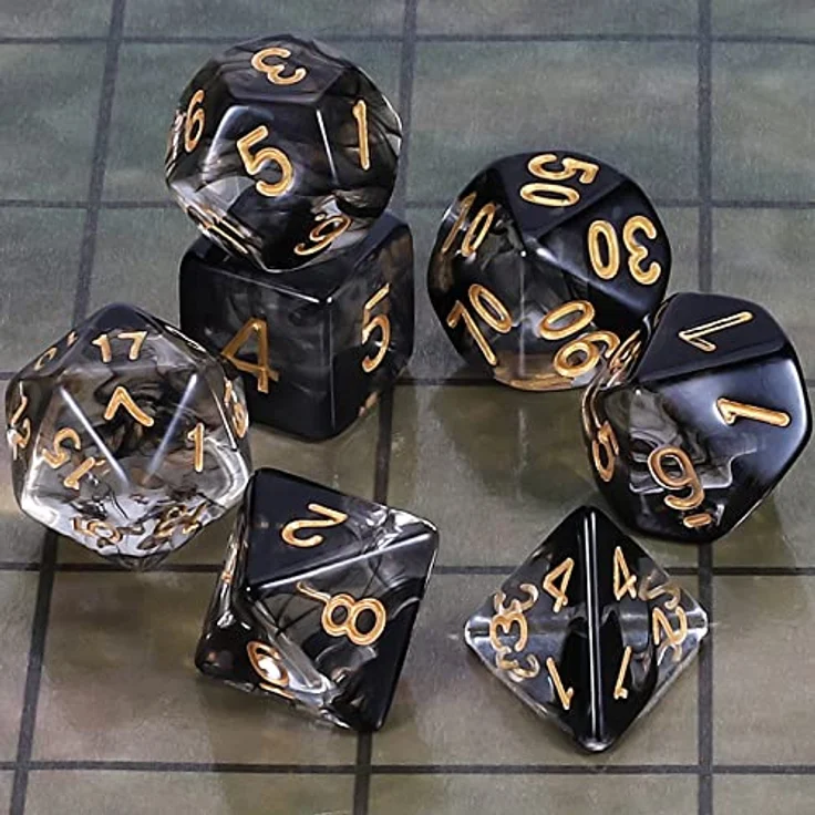 QMAY DND Würfel Set, 7 polyedrische Spielwürfel für Dungeons & Dragons, schwarz mit schwimmender Seide transparent, inkl. Samtbeutel – Bild 2