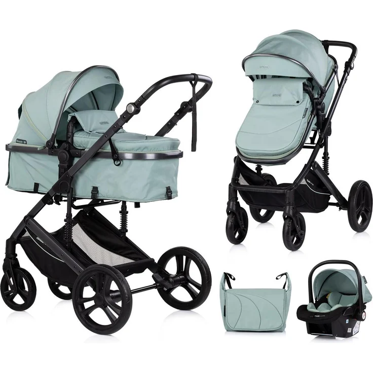 Chipolino Amore 3 in 1 Kinderwagen, Kombikinderwagen mit Babyschale, Adapter, Wickeltasche und Fußabdeckung, türkis