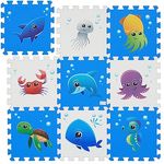 Relaxdays Puzzlematte mit Meerestieren, 9-teilige Spielmatte für Babys & Kinder, BxT: 86 x 86 cm, Schaumstoff, blau/weiß