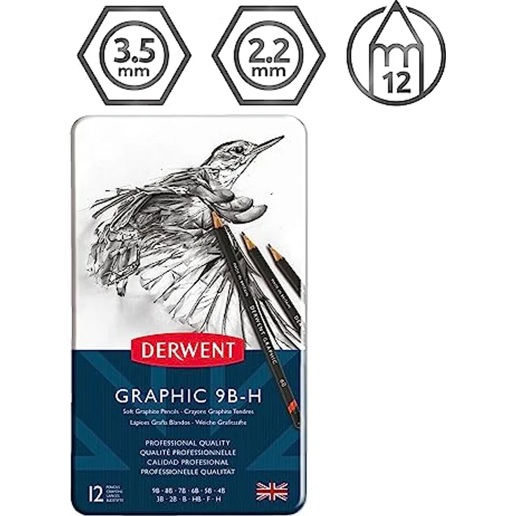 Derwent Graphic Bleistift-Zeichenstifte, 12er-Set in Profiqualität, ideal für Illustrationen und Schattierung, verschiedene Härtegrade 9B bis 9H, bruchfest in sechseckiger Form – Bild 3