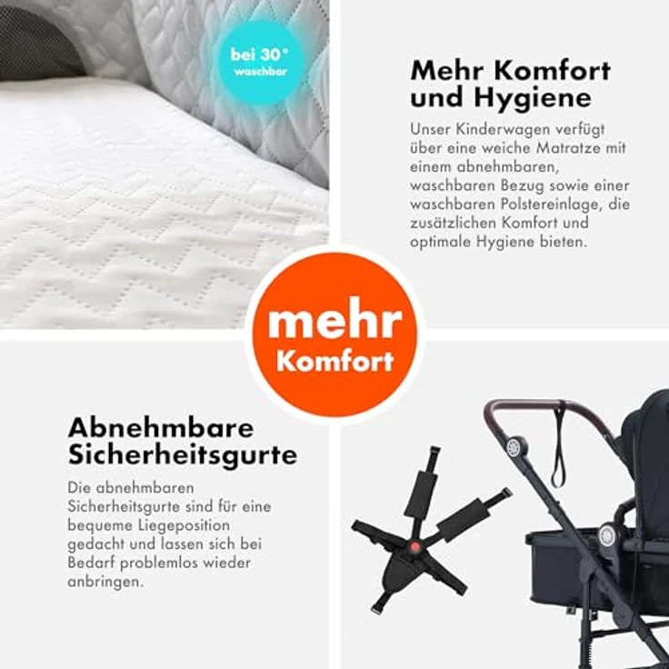 Daliya® NEOMOVE 2in1 Kombi-Kinderwagen, klappbare Babywanne und Sportsitz, große pannensichere Räder, stufenlos verstellbare Rückenlehne, leichter Alu-Rahmen, großer Einkaufskorb, Schwarz-Schwarz – Bild 5