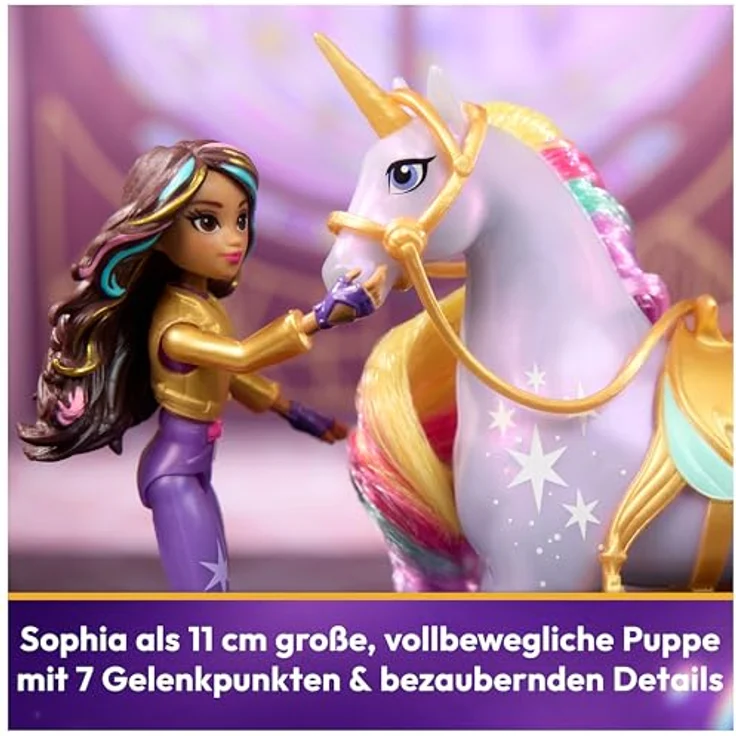 Spin Master Anziehpuppe Unicorn Academy - Small Doll & Unicorn - Sophia & Wildstar, 11 cm große Puppe mit 7 Artikulationspunkten, seidige Mähne und Schweif, abnehmbares Sattel und Zaumzeug, ab 4 Jahren, Ankleidepuppen-Maßstab – Bild 5